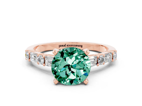 Rose gold Round Cut Green Sapphire Solitaire with Side Baguettes and Channel Set Band