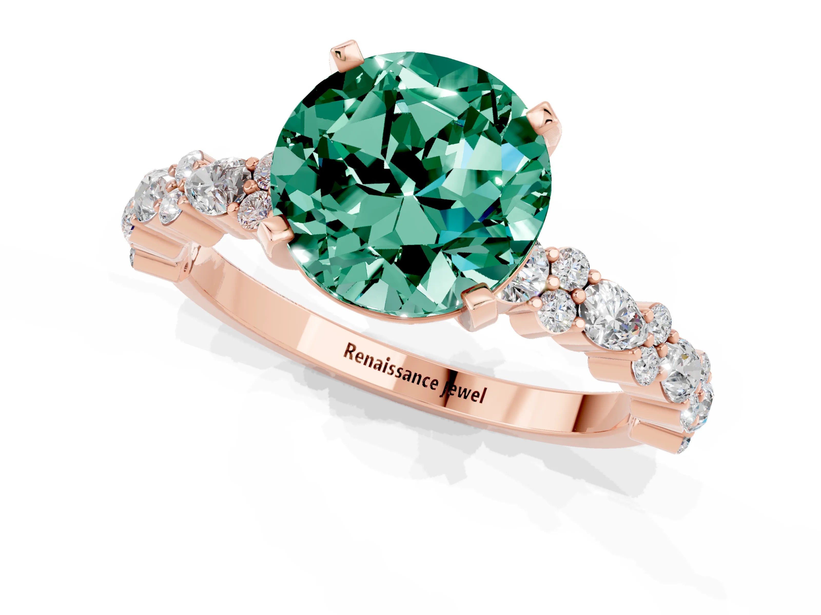 Rose gold Round Cut Green Sapphire Solitaire with Side Stones, Pave Band, Four-Prong Setting_37