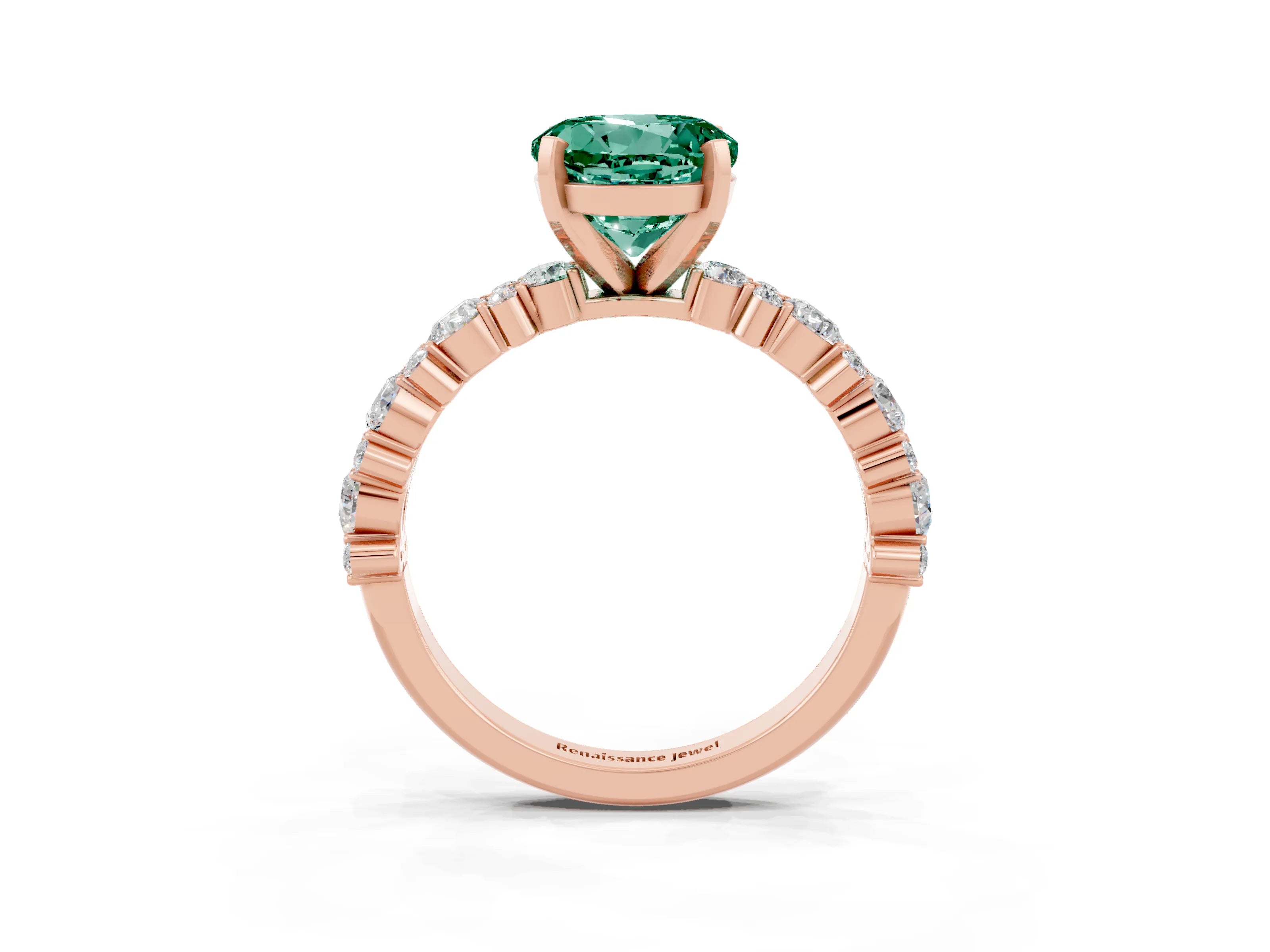 Rose gold Round Cut Green Sapphire Solitaire with Side Stones, Pave Band, Four-Prong Setting_39
