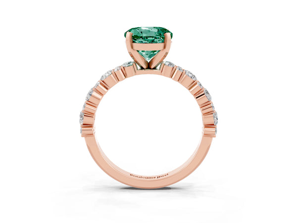 Rose gold Round Cut Green Sapphire Side Stone Solitaire Ring with Round  and Four-Prong Setting