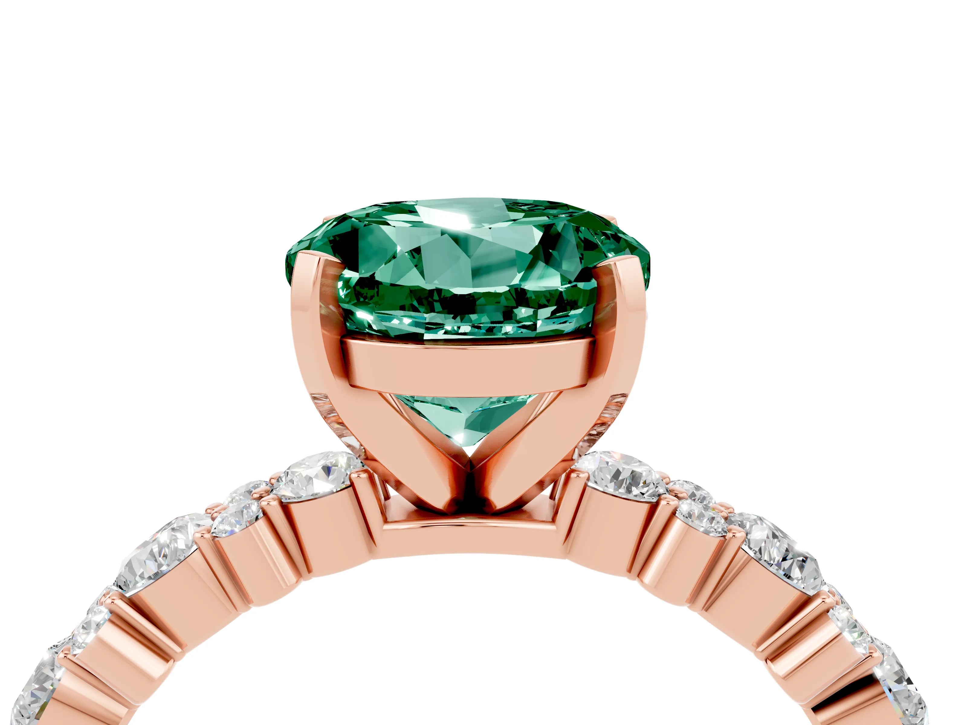 Rose gold Round Cut Green Sapphire Solitaire with Side Stones, Pave Band, Four-Prong Setting_40
