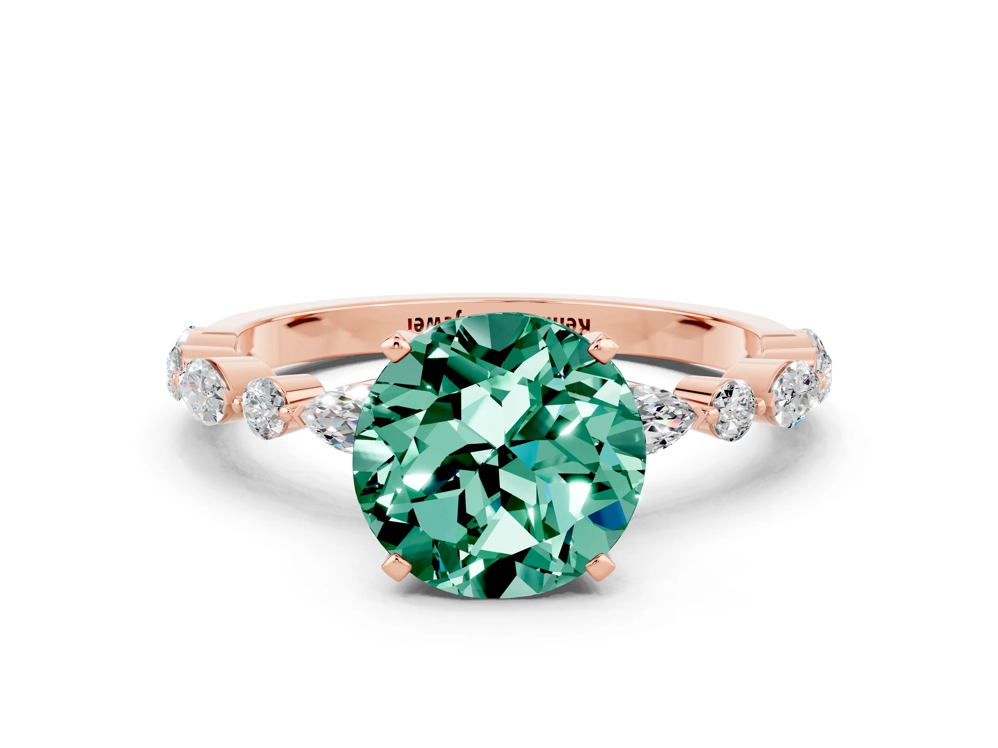 Rose gold Round Cut Green Sapphire Solitaire with Side Stones on a Pavé Band and Four-Prong Setting
