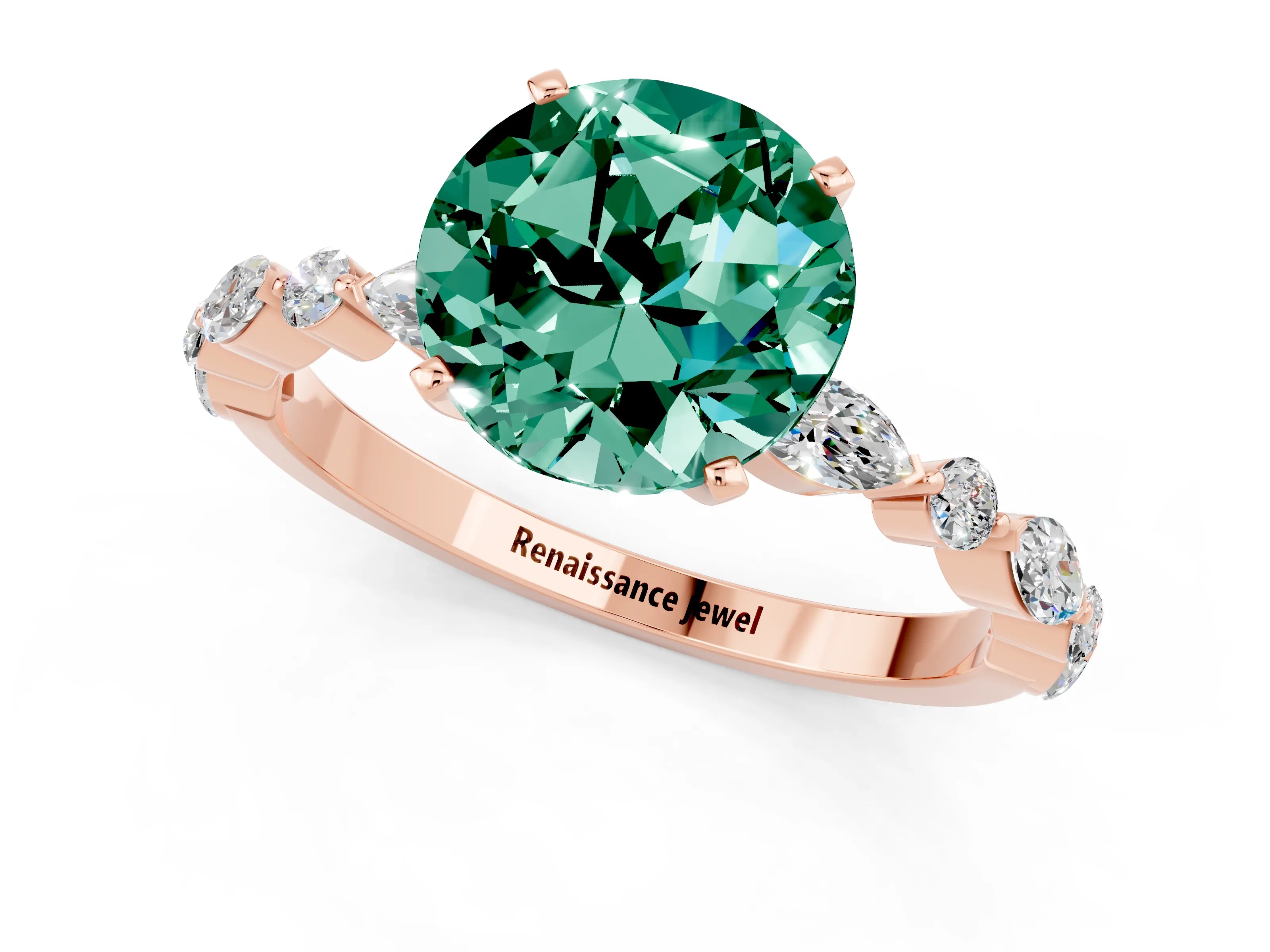 Rose gold Round Cut Green Sapphire Solitaire with Side Stones on a Pavé Band and Four-Prong Setting_1