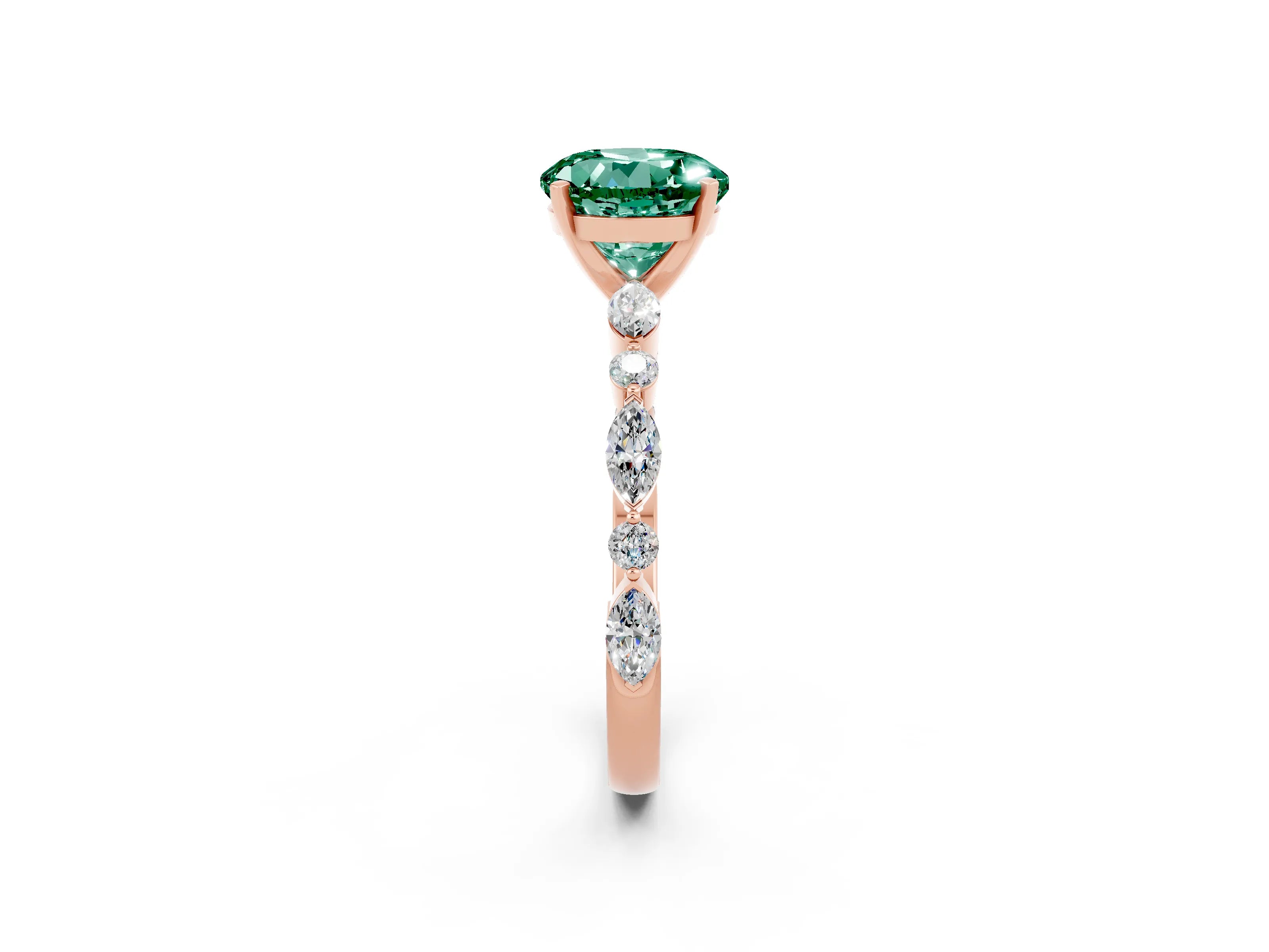 Rose gold Round Cut Green Sapphire Solitaire with Side Stones on a Pavé Band and Four-Prong Setting_2