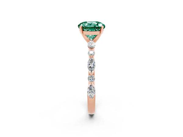Rose gold Round Cut Green Sapphire Ring with Marquise and Round  Side Stones and Four-Prong Setting