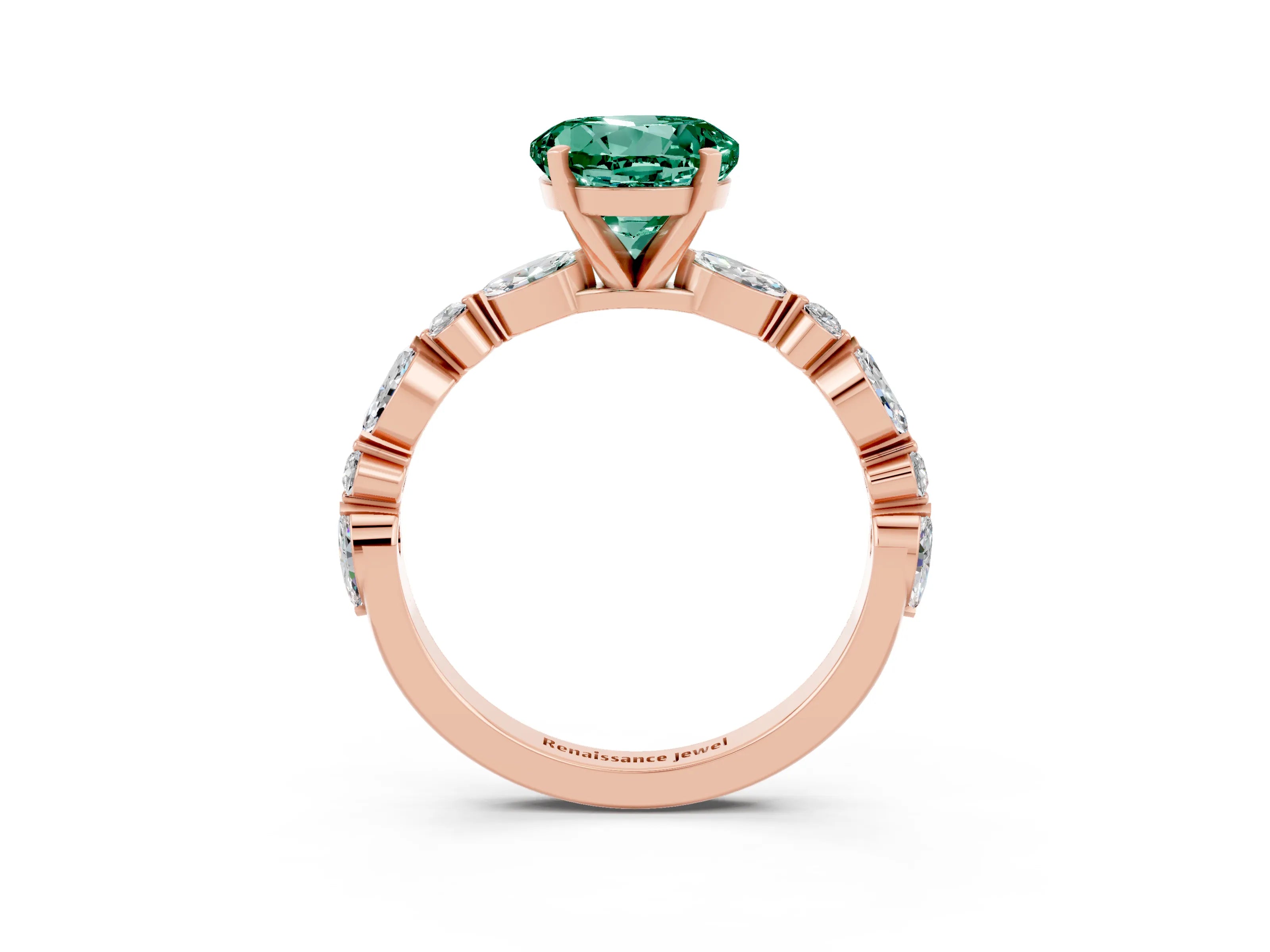 Rose gold Round Cut Green Sapphire Solitaire with Side Stones on a Pavé Band and Four-Prong Setting_3