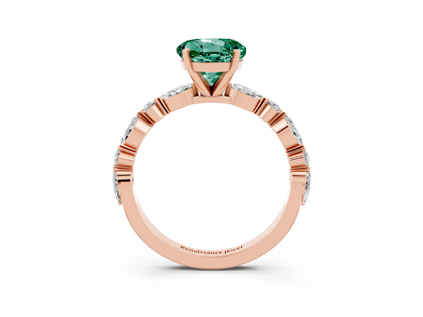 Rose gold Round Cut Green Sapphire Ring with Marquise and Round  Side Stones and Four-Prong Setting