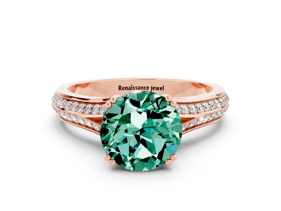 Rose gold Round Cut Green Sapphire Split Shank Engagement Ring with Pavé Band
