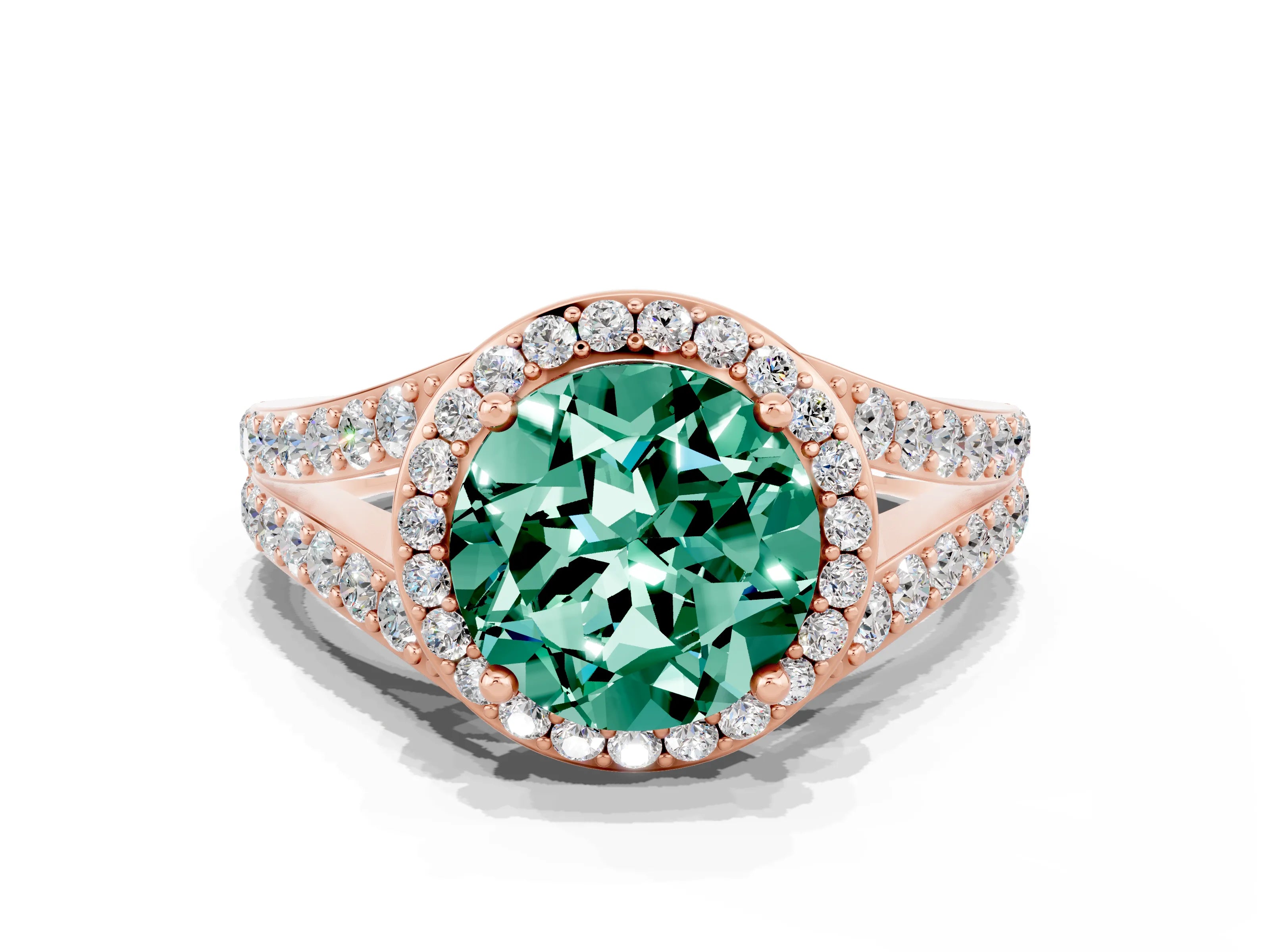 Rose gold Round Cut Green Sapphire Split Shank Halo Ring with Four-Prong Setting_12