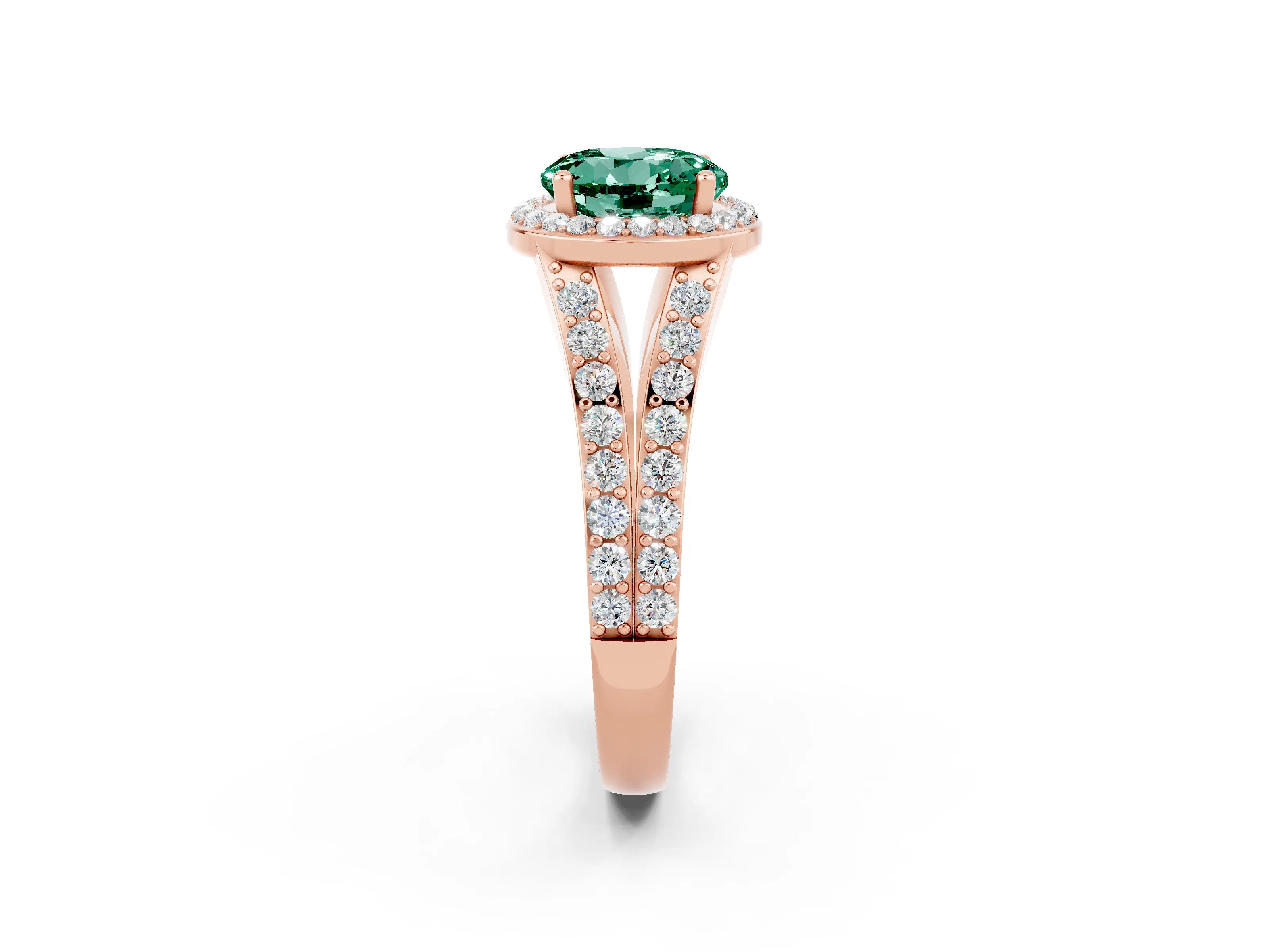 Rose gold Round Cut Green Sapphire Split Shank Halo Ring with Four-Prong Setting_14