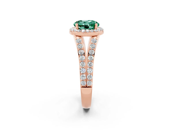 Rose gold Round Cut Green Sapphire Split Shank Halo Ring with Four-Prong Setting