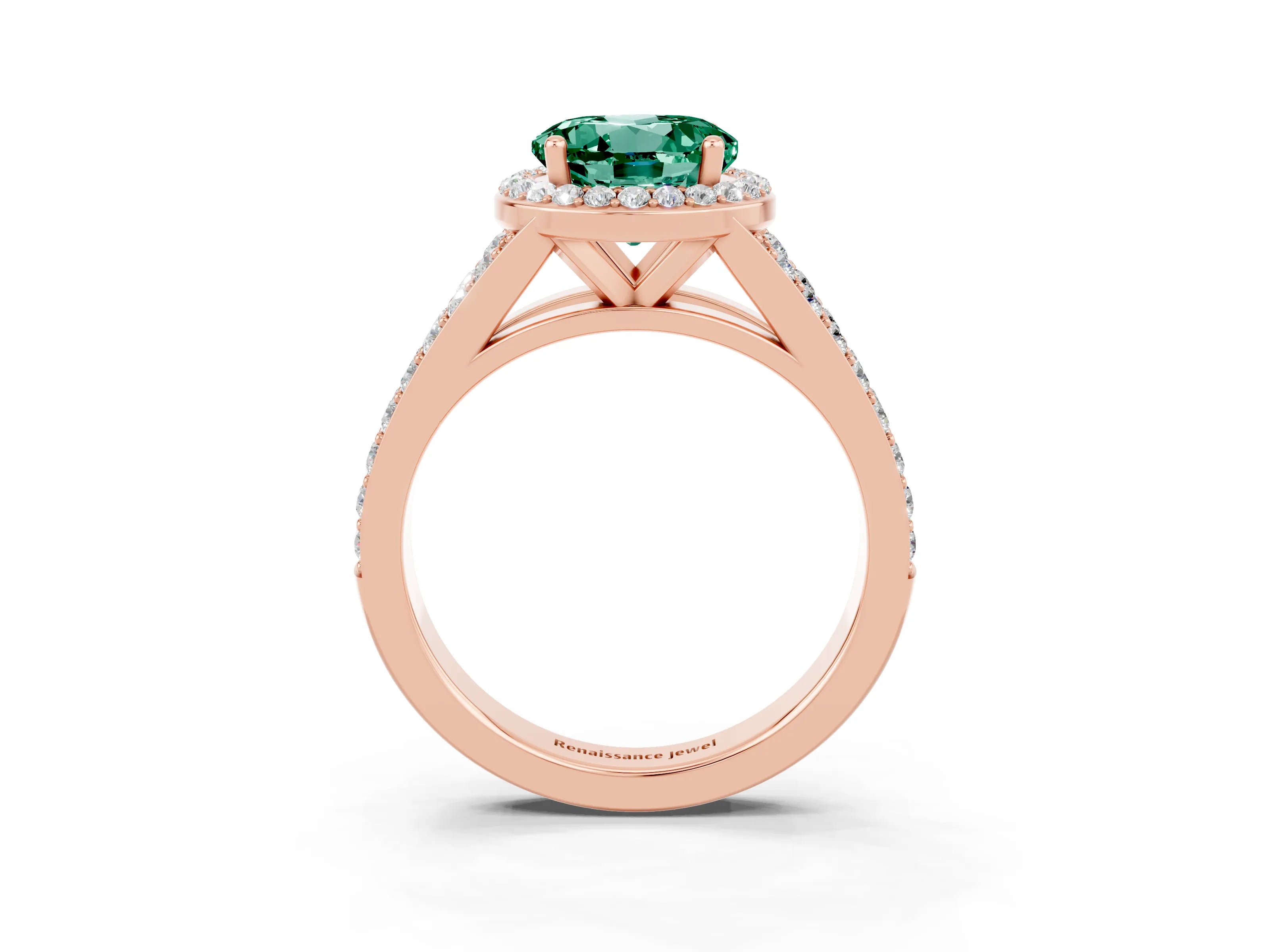 Rose gold Round Cut Green Sapphire Split Shank Halo Ring with Four-Prong Setting_15