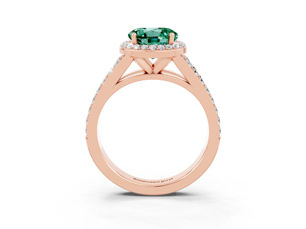 Rose gold Round Cut Green Sapphire Split Shank Halo Ring with Four-Prong Setting