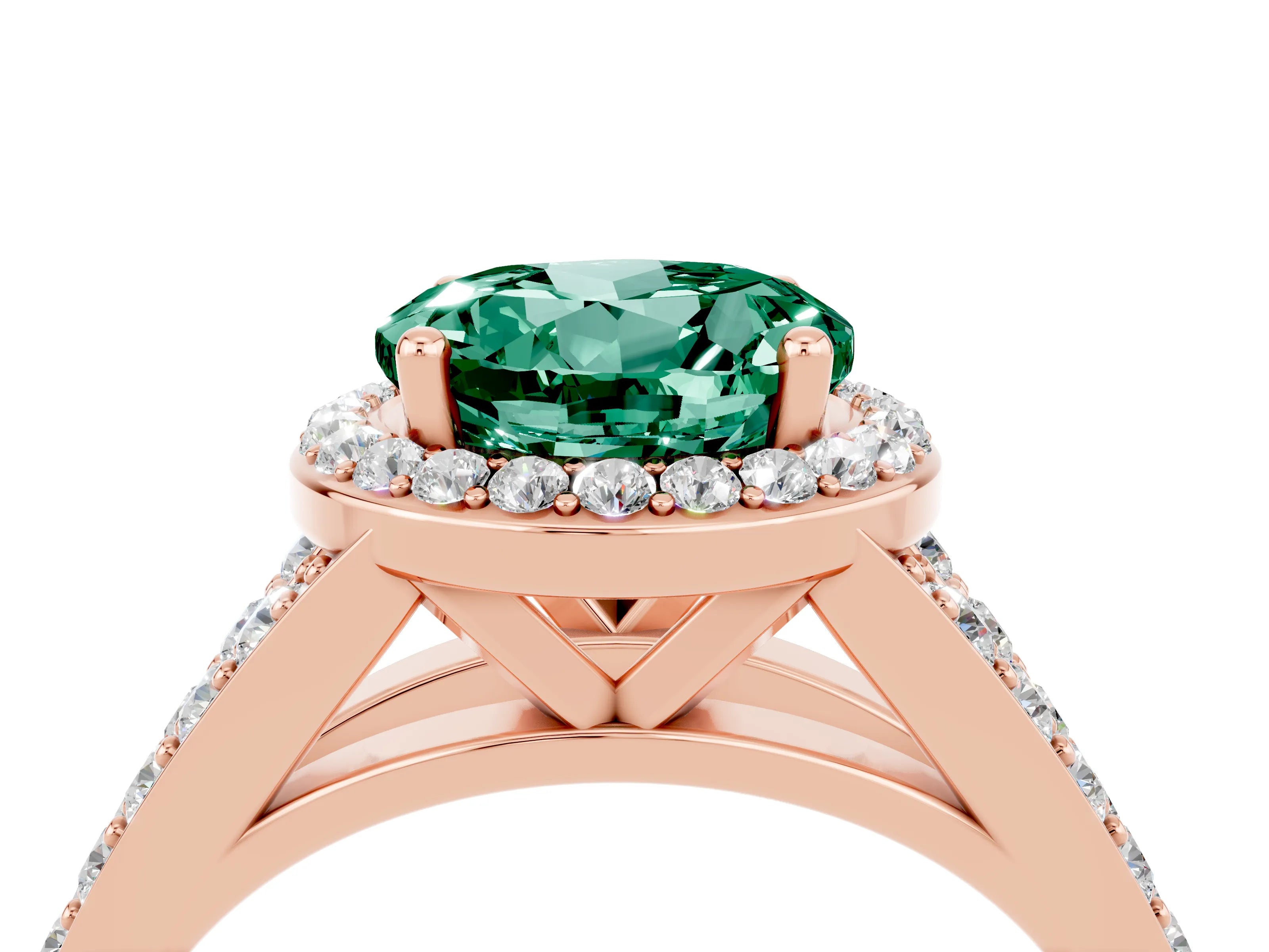 Rose gold Round Cut Green Sapphire Split Shank Halo Ring with Four-Prong Setting_16