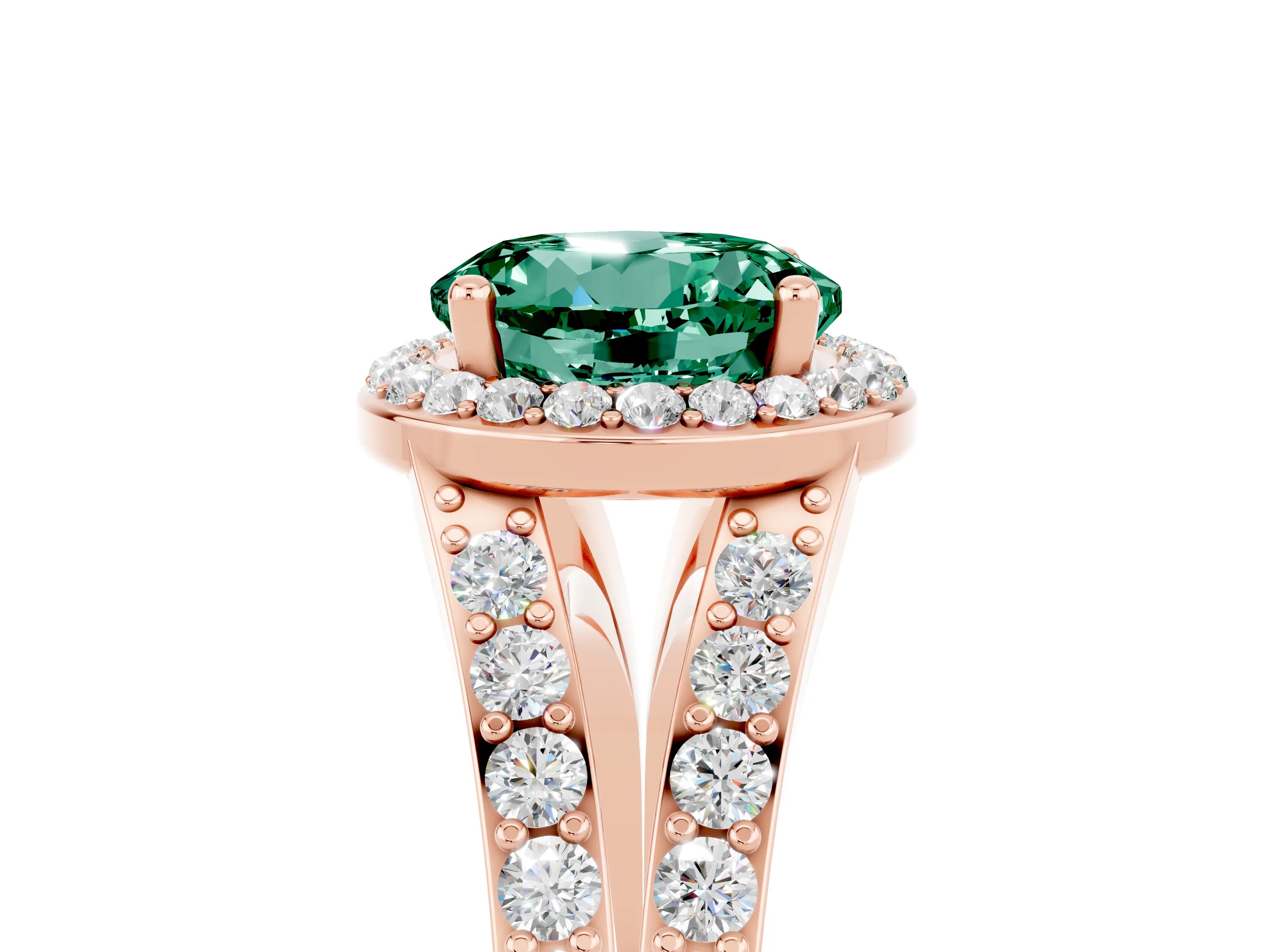 Rose gold Round Cut Green Sapphire Split Shank Halo Ring with Four-Prong Setting_17