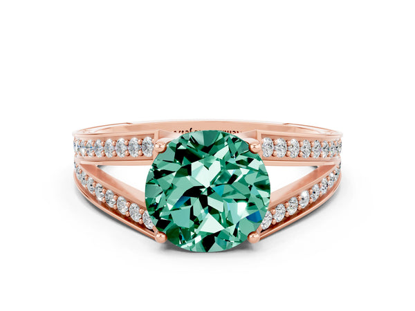 Rose gold Round Cut Green Sapphire Split Shank Ring with Pavé Band and Four-Prong Setting