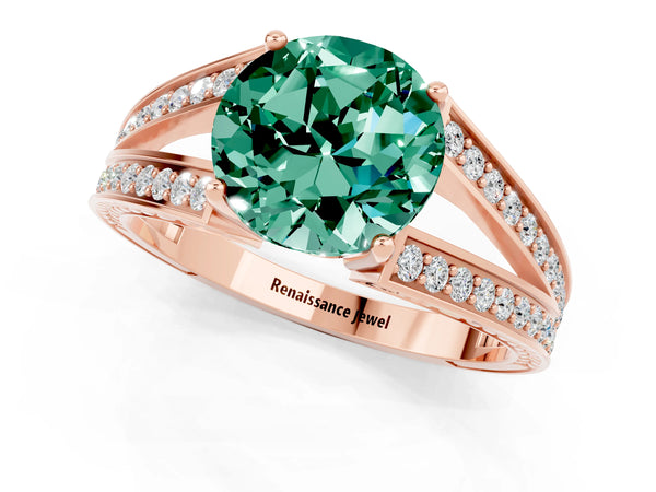 Rose gold Round Cut Green Sapphire Split Shank Ring with Pavé Band and Four-Prong Setting