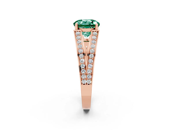 Rose gold Round Cut Green Sapphire Split Shank Ring with Pavé Band and Four-Prong Setting