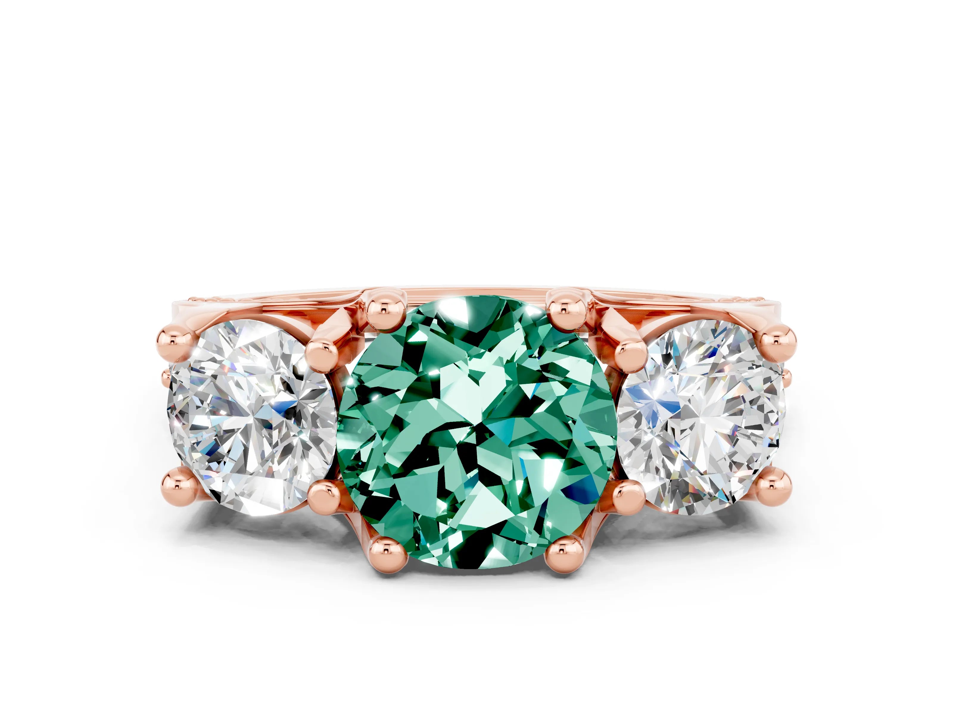Rose gold Round Cut Green Sapphire Three-Stone Ring with Channel Set Band and Four-Prong Setting