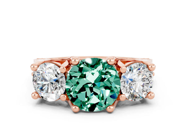 Rose gold Round Cut Green Sapphire Three-Stone Ring with Channel Set Band and Four-Prong Setting
