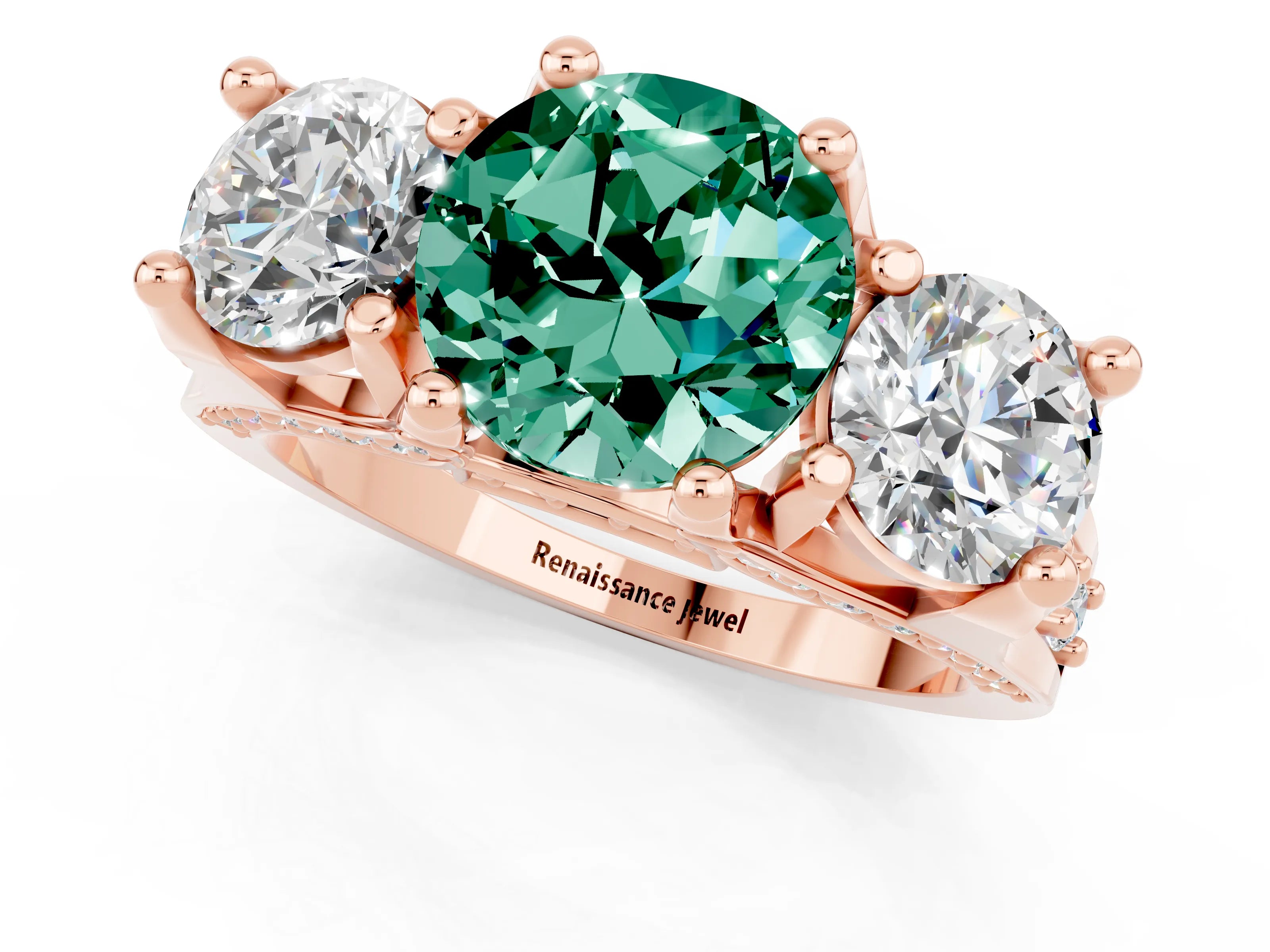 Rose gold Round Cut Green Sapphire Three-Stone Ring with Channel Set Band and Four-Prong Setting_1