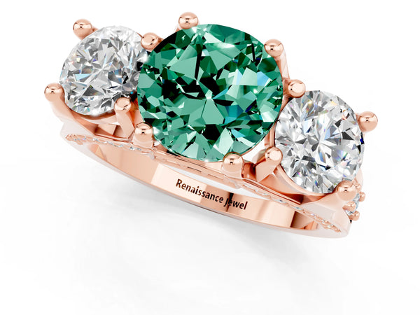 Rose gold Round Cut Green Sapphire Three-Stone Ring with Channel Set Band and Four-Prong Setting