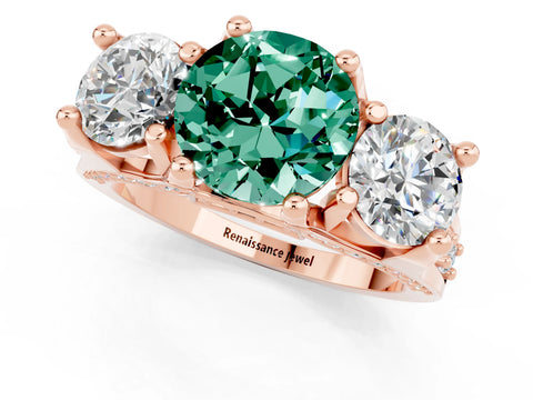 Rose gold Round Cut Green Sapphire Three-Stone Ring with Channel Set Band and Four-Prong Setting_1