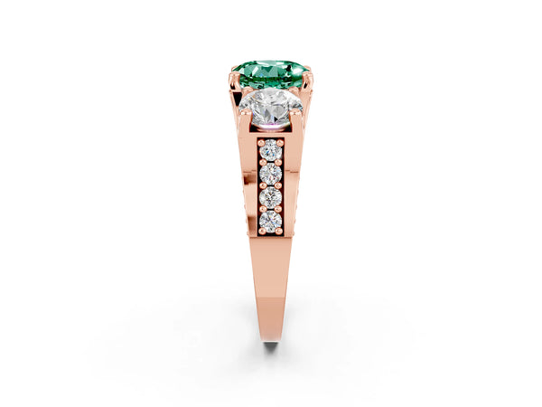 Rose gold Round Cut Green Sapphire Three-Stone Ring with Channel Set Band and Four-Prong Setting