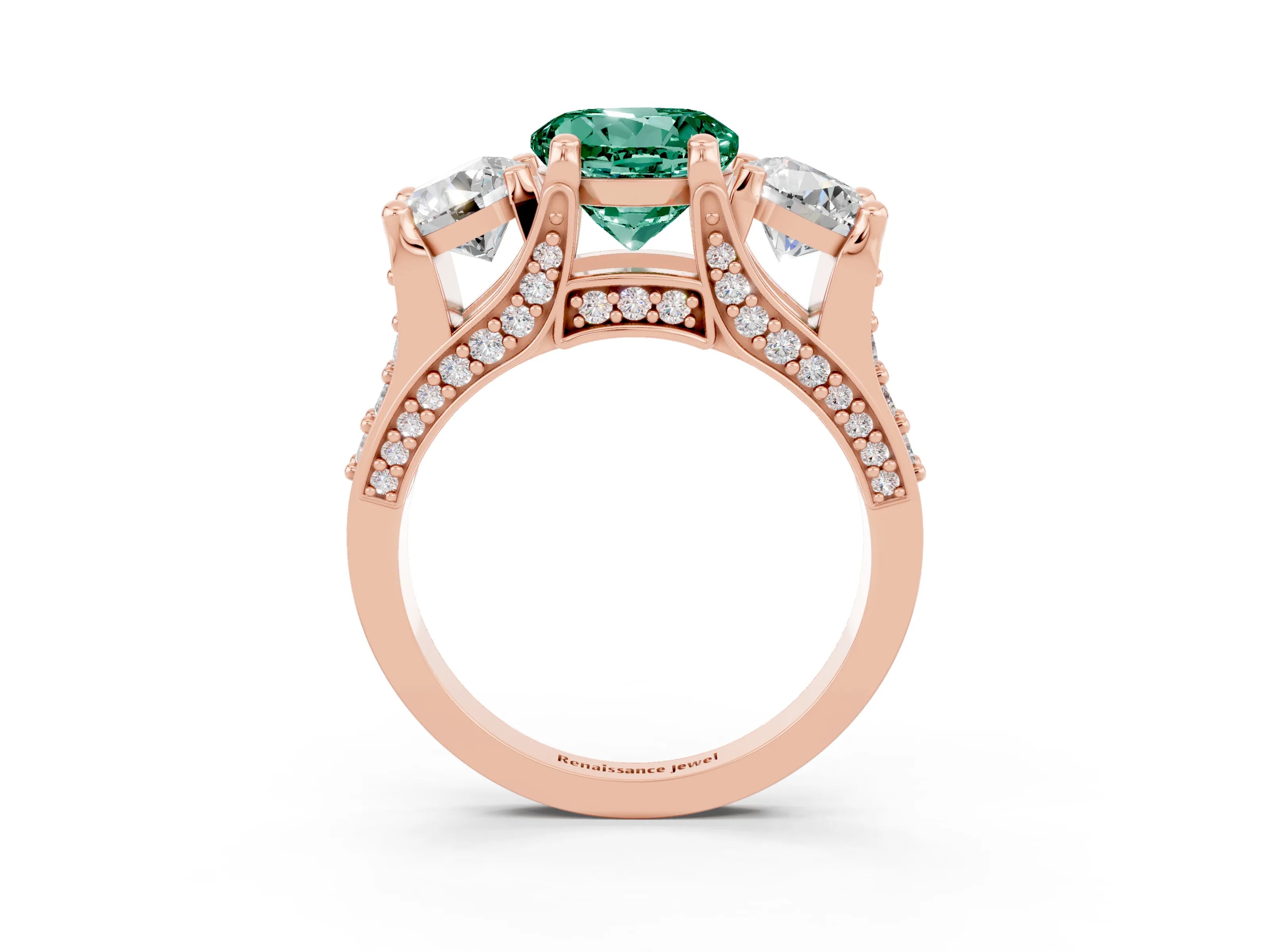 Rose gold Round Cut Green Sapphire Three-Stone Ring with Channel Set Band and Four-Prong Setting_3
