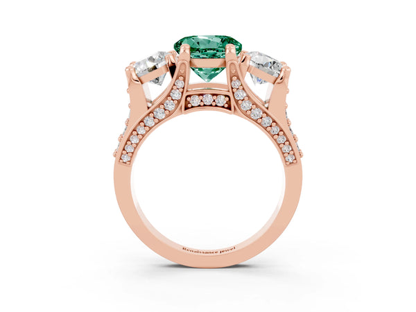 Rose gold Round Cut Green Sapphire Three-Stone Ring with Channel Set Band and Four-Prong Setting
