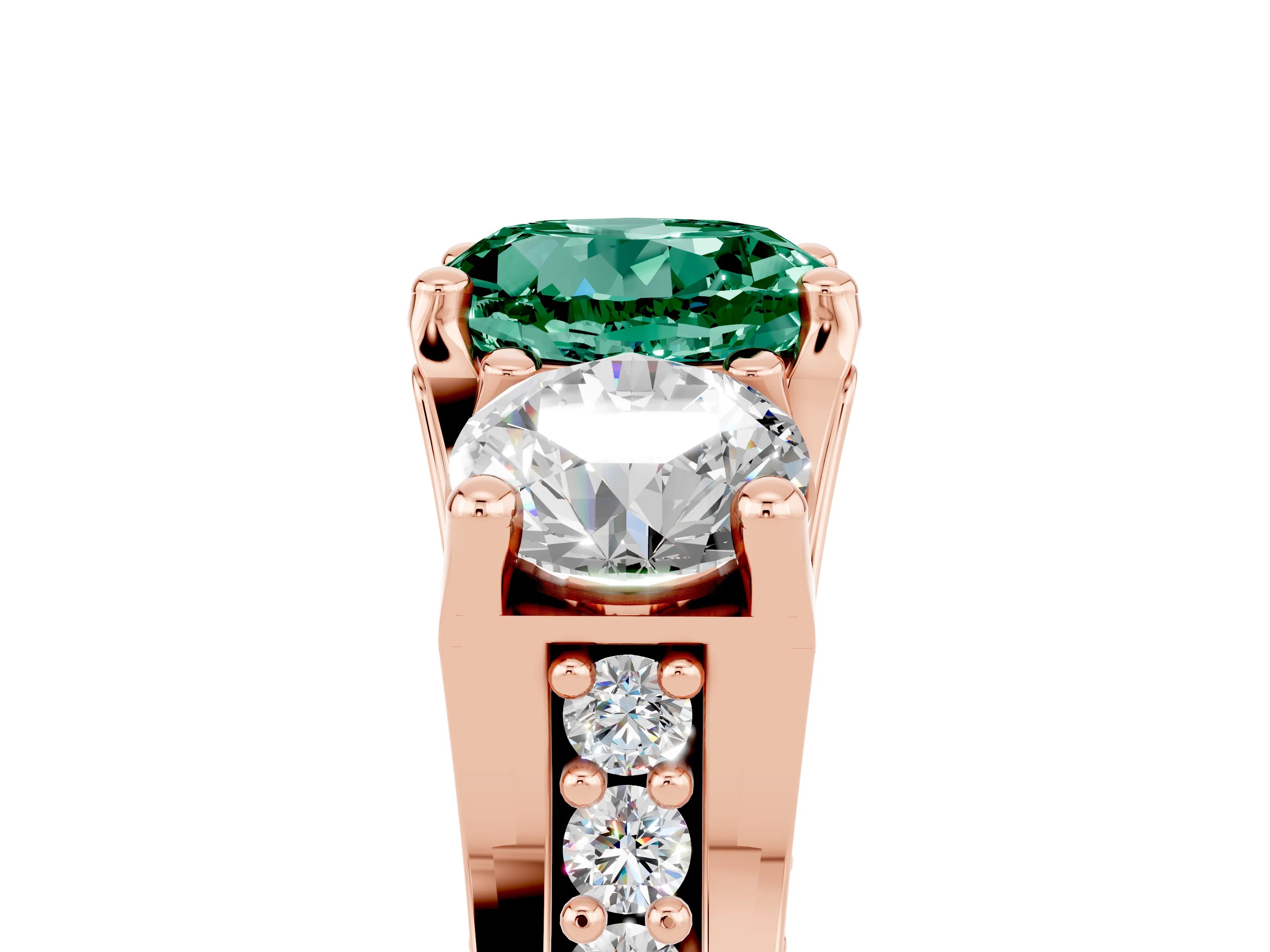 Rose gold Round Cut Green Sapphire Three-Stone Ring with Channel Set Band and Four-Prong Setting_5