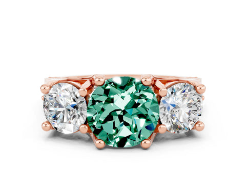 Rose gold Round Cut Green Sapphire Three-Stone Ring with Channel Set Band and Four-Prong Setting