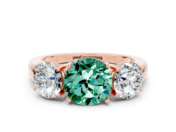 Rose gold Round Cut Green Sapphire Three-Stone Ring with Four-Prong Setting and Classic Band