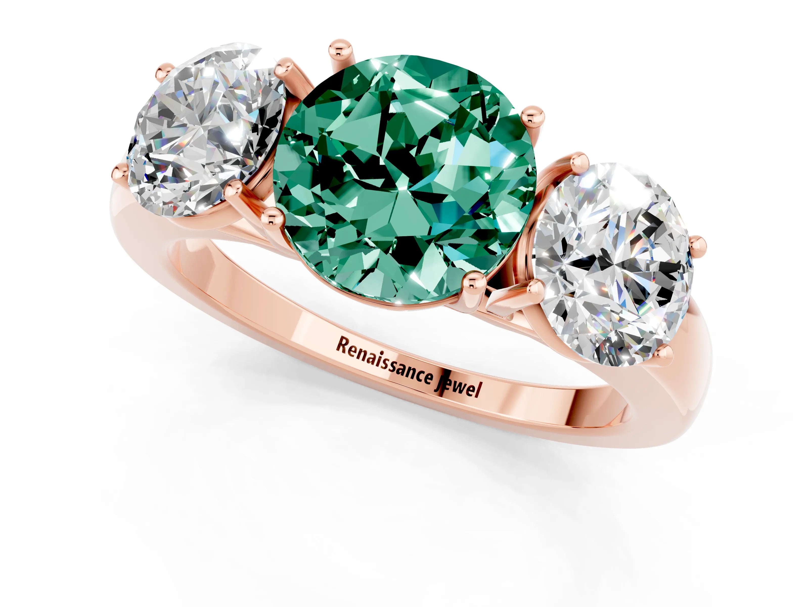 Rose gold Round Cut Green Sapphire Three-Stone Ring with Four-Prong Setting and Classic Band_1