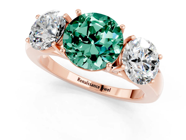Rose gold Round Cut Green Sapphire Three-Stone Ring with Four-Prong Setting and Classic Band