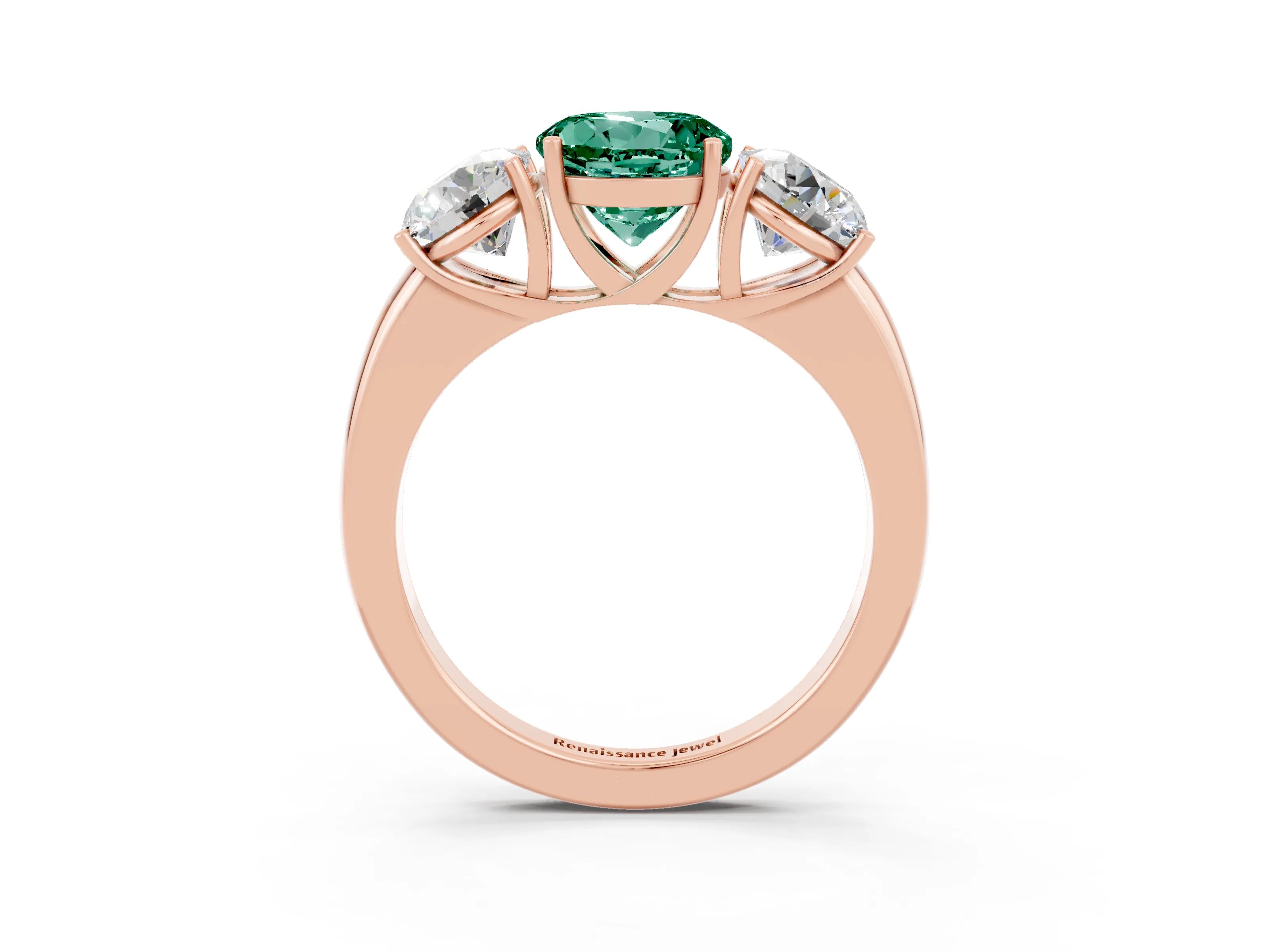Rose gold Round Cut Green Sapphire Three-Stone Ring with Four-Prong Setting and Classic Band_3