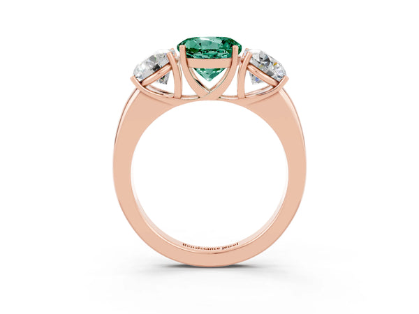 Rose gold Round Cut Green Sapphire Three-Stone Ring with Four-Prong Setting and Classic Band