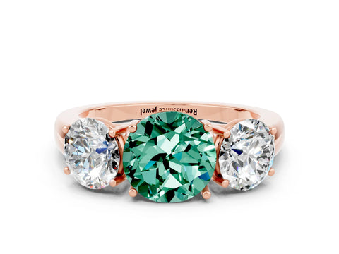 Rose gold Round Cut Green Sapphire Three-Stone Ring with Four-Prong Setting and Classic Band