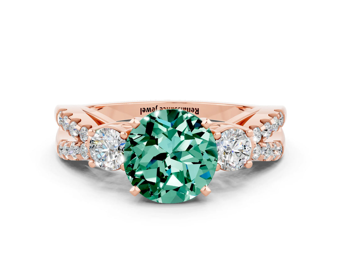 Rose gold Round Cut Green Sapphire Three-Stone Ring with Pavé Split Shank and Four-Prong Setting