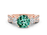 Rose gold Round Cut Green Sapphire Three-Stone Ring with Pavé Split Shank and Four-Prong Setting