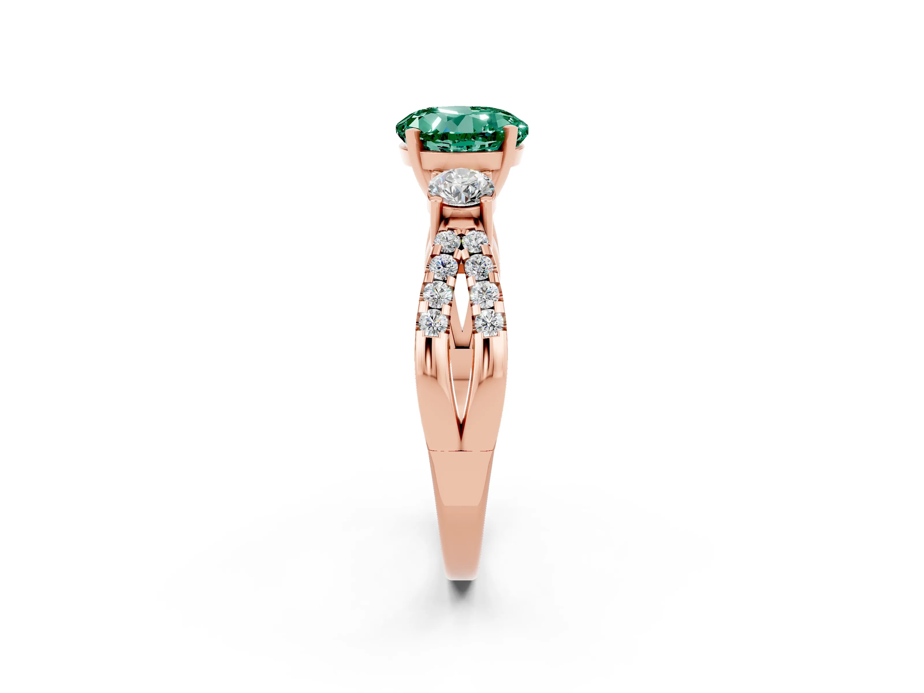 Rose gold Round Cut Green Sapphire Three-Stone Ring with Pavé Split Shank and Four-Prong Setting_2