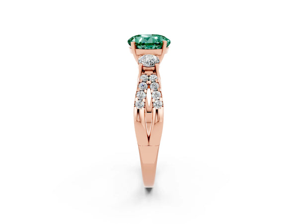 Rose gold Round Cut Green Sapphire Three-Stone Ring with Pavé Split Shank and Four-Prong Setting