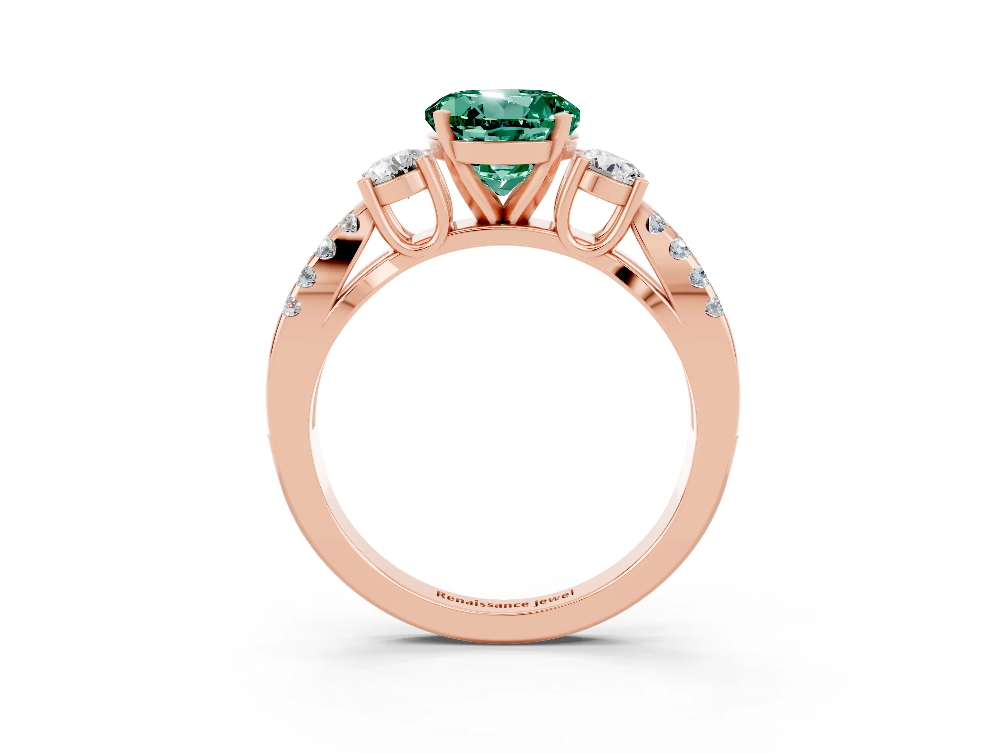 Rose gold Round Cut Green Sapphire Three-Stone Ring with Pavé Split Shank and Four-Prong Setting_3