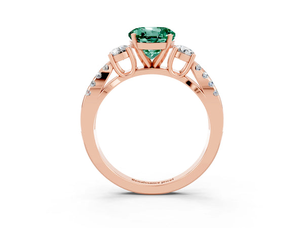 Rose gold Round Cut Green Sapphire Three-Stone Ring with Pavé Split Shank and Four-Prong Setting