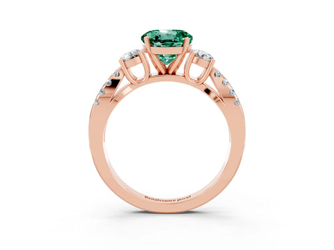 Rose gold Round Cut Green Sapphire Three-Stone Ring with Pavé Split Shank and Four-Prong Setting_3