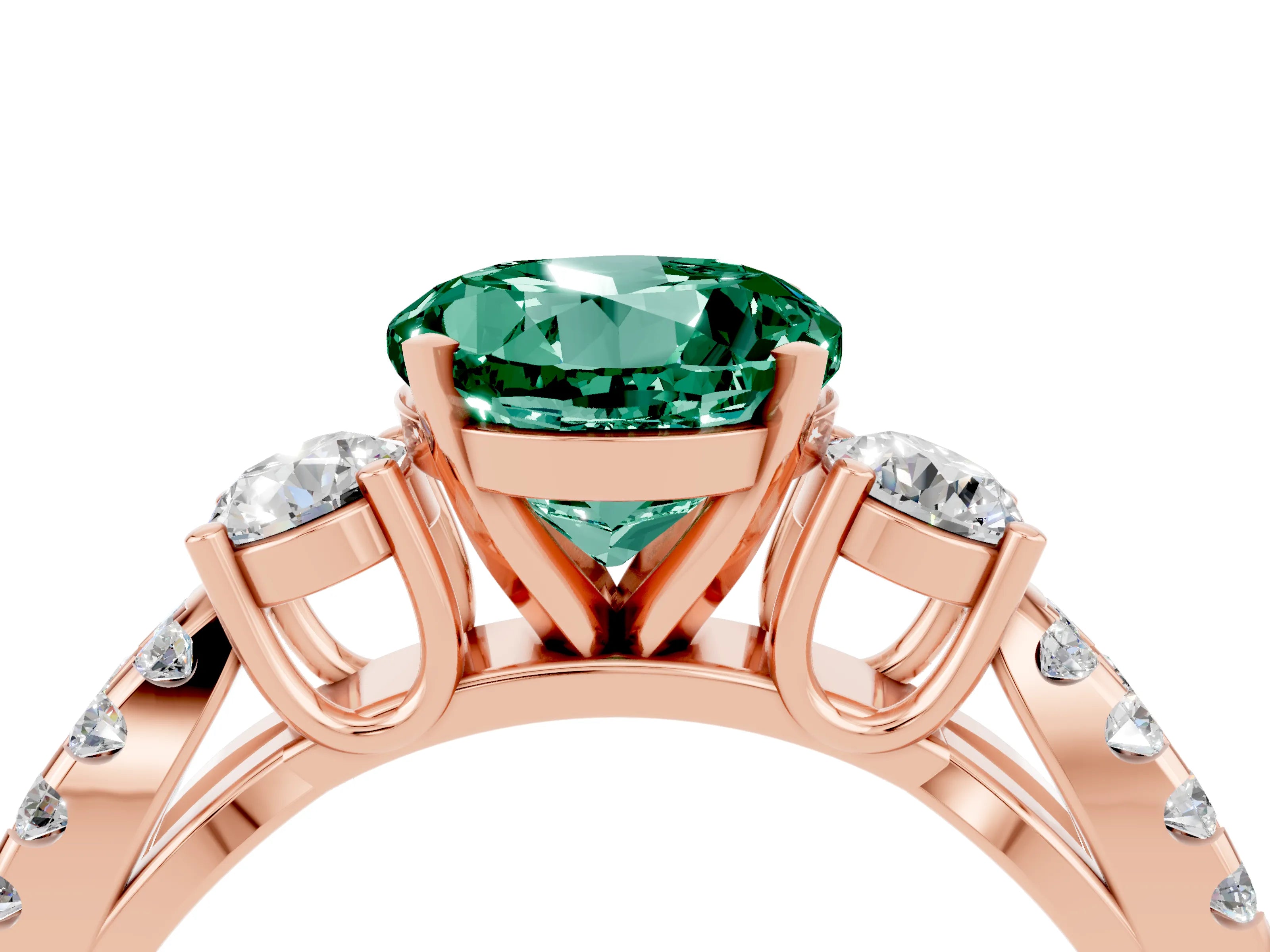 Rose gold Round Cut Green Sapphire Three-Stone Ring with Pavé Split Shank and Four-Prong Setting_4