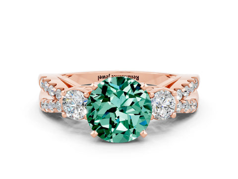 Rose gold Round Cut Green Sapphire Three-Stone Ring with Pavé Split Shank and Four-Prong Setting