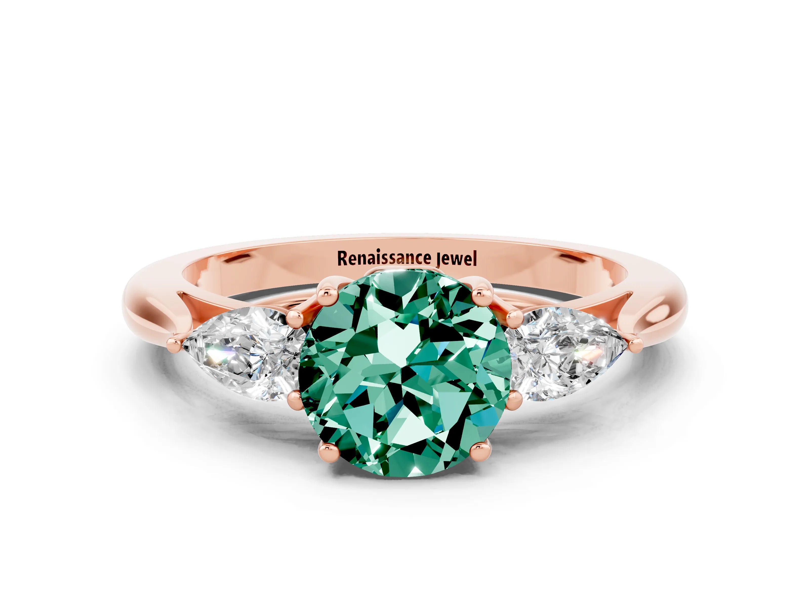 Rose gold Round Cut Green Sapphire Three-Stone Ring with Pear Side Stones and Four-Prong Setting_12