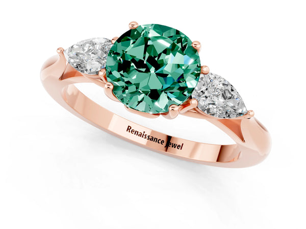 Rose gold Round Cut Green Sapphire Three-Stone Ring with Pear  Side Stones and Prong Setting