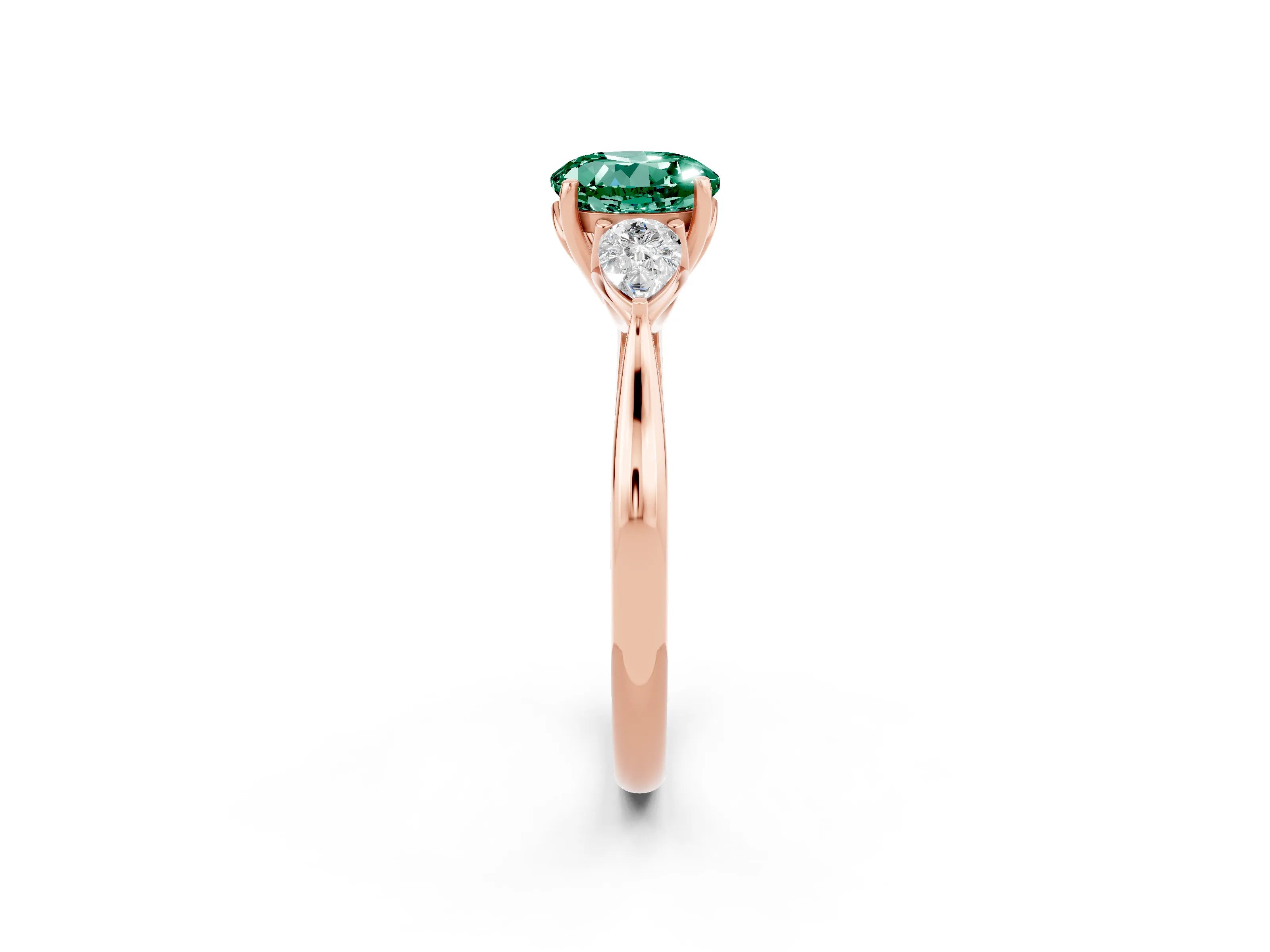 Rose gold Round Cut Green Sapphire Three-Stone Ring with Pear Side Stones and Four-Prong Setting_14